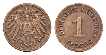 Германия 1 пфенниг 1890 F, Вильгельм II (1888-1918) KM 10, J. 10 медь 54-322
