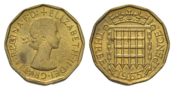 Великобритания 3 пенса 1965 Елизавета II (1952-2022) KM 900, Spink 4153 никель латунь aUNC 4628-814