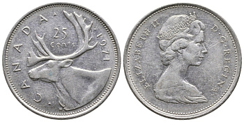 Канада 25 центов 1971 Елизавета II (1952-2022), олень KM 62 b никель 4364-2027