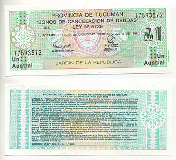 Аргентина, провинция Тукуман 1 аустраль 1991 Pick S 2711b бумага UNC (пресс) 7548-7-3-1