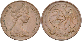 АВСТРАЛИЯ 2 ЦЕНТА 1971 ЕЛИЗАВЕТА II (1953-), ЕЛИЗАВЕТА II, МОЛОДОЙ ПОРТРЕТ, ПЛАЩЕНОСНАЯ ЯЩЕРИЦА (FRILLED LIZARD) KM 63 бронза 4519-437