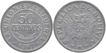 Боливия 50 сентаво 1987 KM 204 нержавеющая сталь 113-737