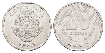 Коста-Рика 20 колонов 1983 год-тип KM 216.1 нержавеющая сталь 4661-1126