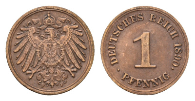 Германия 1 пфенниг 1890 F, Вильгельм II (1888-1918) KM 10, J. 10 медь 54-322