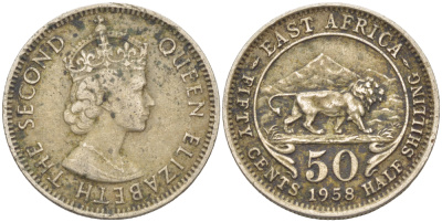 Британская Восточная Африка 50 центов = 1/2 шиллинга 1958 Елизавета II (1952-) KM 36 медно-никель 216-535