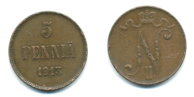 Россия для Финляндии 5 пенни 1913 Николай II (1894-1917) КМ 15, Биткин 453 медь 4381-434
