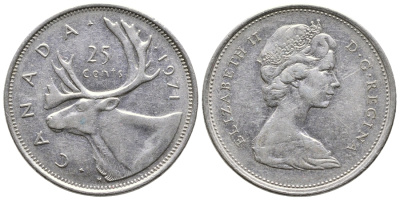 Канада 25 центов 1971 Елизавета II (1952-2022), олень KM 62 b никель 4364-2027