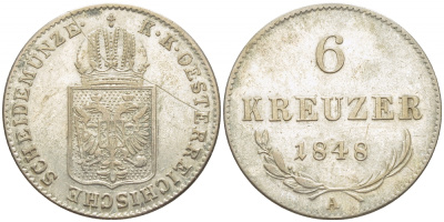 Австрия 6 крейцеров 1848 А, революция (1848-1849) KM 2199 серебро 3896-1212