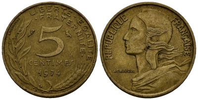 Франция 5 сантимов 1974 KM 933 алюминиевая бронза 4136-745