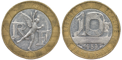Франция 10 франков 1989 тип гений Бастилии KM 964.1, Le Franc 375.3 биметалл 45-622