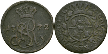 ПОЛЬША 1 ГРОШ 1772 G, SAR МОНОГРАММА KM 177(C38) медь 65-724