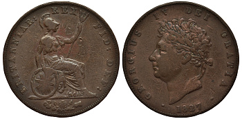 Великобритания 1/2 пенни 1827 Георг IV (1820-1830) KM 692, Spink 3824 медь 1524-1324