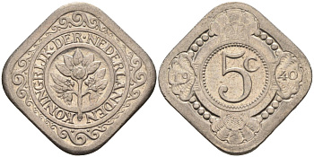 Нидерланды 5 центов 1940 Вильгельмина (1890-1948) KM 153 медно-никель 4586-721