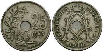 Бельгия 25 сантимов 1910 Belgie KM 69 медно-никель 4165-732