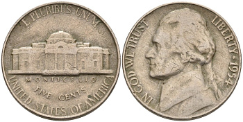 США 5 центов 1954 Джефферсон KM А192 медно-никель 92-1025