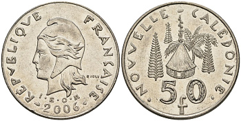Французская Новая Каледония 50 франков 2006 хижина среди сосен и пальм, (IEOM) KM 13a, Schoen 15a, Lec 128i медно-никель 4144-811