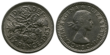 Великобритания 6 пенсов 1963 Елизавета II (1952-2022) KM 903, Spink 4149 медно-никель 4381-764