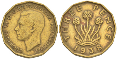 Великобритания 3 пенса 1938 Георг VI (1936-1952) KM 849, Spink 4112 никель-латунь 4556-1046
