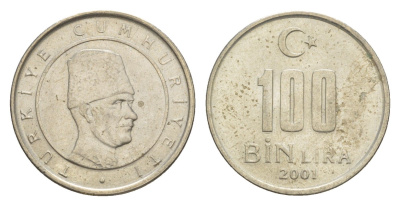 Турция 100000 лир 2001 Кемаль Ататюрк KM 1106 медь цинк никель 4647-653