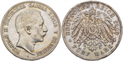 Пруссия 5 марок 1900 Вильгельм II (1888-1918) KM 523, J. 104 серебро 1066-5-31