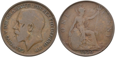 Великобритания 1 пенни 1920 Георг V (1910-1936) KM 810, Spink 4051 бронза 4117-813