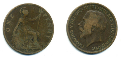 Великобритания 1 пенни 1919 Георг V (1910-1936) KM 810, Spink 4051 бронза 41-321