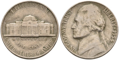 США 5 центов 1954 Джефферсон KM А192 медно-никель 92-1025