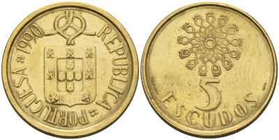 Португалия 5 эскудо 1990  KM 632 никель латунь    4161-832