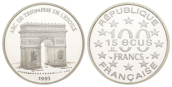 Франция 100 франков - 15 экю 1993 серия архитектурные монументы европы (Триумфальная арка в Париже), в оригинальной коробке, сертификат KM 1031 серебро  PROOF  1-6-4-66
