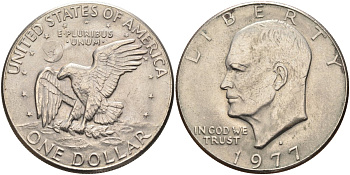 США 1 доллар 1977 D, Президент Эйзенхауэр, лунный орел KM А203 медь плакированная медно-никелем 4578-211