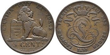 БЕЛЬГИЯ 5 САНТИМОВ 1850 BELGES KM 5.1 медь 32-734