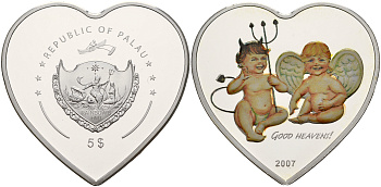 Палау 5 долларов 2007 Ангелочки, монета в форме сердца (монета влюбленных), тираж 2500 экз, сертификат, коробочка серебро PROOF 1065-2-13