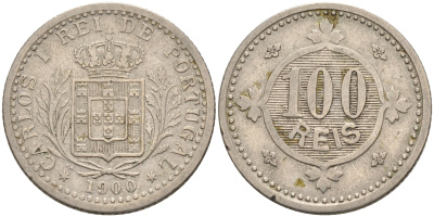 ПОРТУГАЛИЯ 100 РЕЙС 1900 КАРЛОС I (1889-1908) KM 546 медно-никель 4563-1026