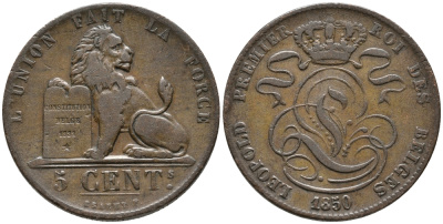 БЕЛЬГИЯ 5 САНТИМОВ 1850 BELGES KM 5.1 медь 32-734