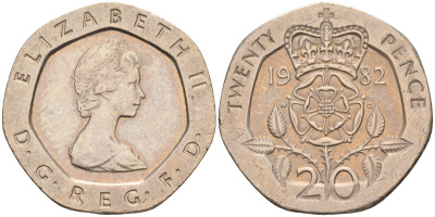 Великобритания 20 пенсов 1982 Елизавета II (1952-2022) KM 931, Spink 4230 (G1) медно-никель 4116-916