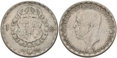 Швеция 1 крона 1948 TS, Густав V (1907-1950) KM 814 серебро 4148-1055