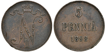 Россия для Финляндии 5 пенни 1898 Николай II (1894-1917) KM 15, Биткин 443 медь 51-551