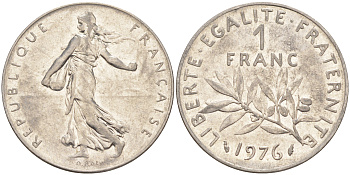 Франция 1 франк 1976 сеятель KM 925.1, Le Franc 226.21 никель 4513-754
