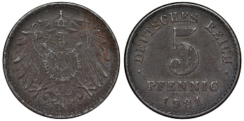 Германия 5 пфеннигов 1921 J KM 19, J. 297, Weege 5 железо 4118-1144