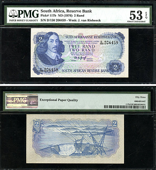 ЮАР 2 ранда ND (1976) Бартоломеус Вермуйден, ГЭС Гариеп, африкаанс-английский, в слабе PMG 53 About Uncirculated Pick 117 b бумага  aUNC  452-1-37
