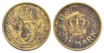 Дания 1 крона 1939 N, Кристиан X (1912-1947) KM 824 алюминиевая бронза 4657-351