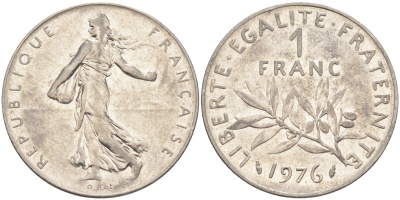 Франция 1 франк 1976 сеятель KM 925.1, Le Franc 226.21 никель 4513-754