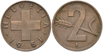 Швейцария 2 раппена 1951 В KM 47 бронза 4114-952