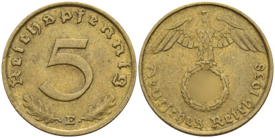 Германия 5 рейхспфеннигов 1938 E KM 91, J. 363 алюминиевая бронза 4151-847