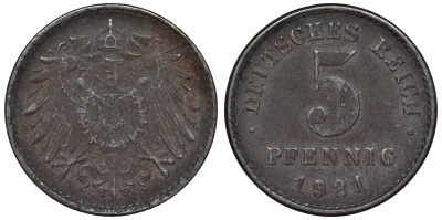Германия 5 пфеннигов 1921 J KM 19, J. 297, Weege 5 железо 4118-1144