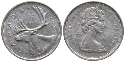КАНАДА 25 ЦЕНТОВ 1974 ЕЛИЗАВЕТА II, ОЛЕНЬ KM 62b никель 4364-2026