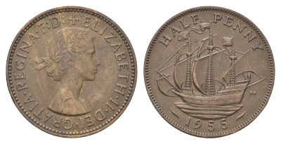 Великобритания 1/2 пенни 1955 Елизавета II (1952-2022) KM 896, Spink 4158 бронза 4662-1133