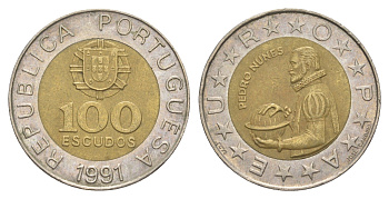 Португалия 100 эскудо 1991 Педру Нуниш (1502-1578), математик KM 645 биметалл 4388-1216