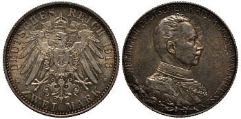 Пруссия 2 марки 1913 A, Вильгельм II (1888-1918), 25 лет правления (мундир) Weege 111, J. 111, KM 533 серебро 3711-835