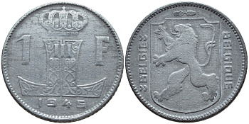 БЕЛЬГИЯ 1 ФРАНК 1945 BELGIE-BELGIQUE, ГЕРМАНСКАЯ ОККУПАЦИЯ, ВТОРАЯ МИРОВАЯ ВОЙНА KM 128 цинк 29-551